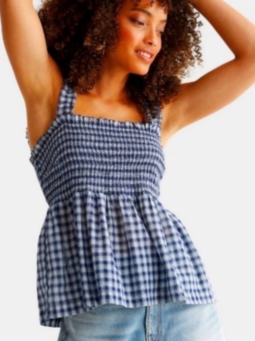 Lucky Brand Blue Gingham Smocked Peplum Tank Top - XL